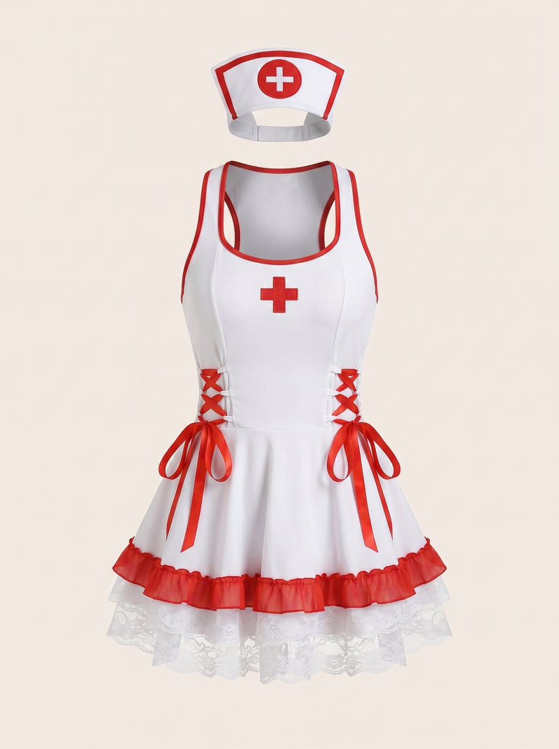 White Polyester Bodysuit with Ruffle and Lace Trim