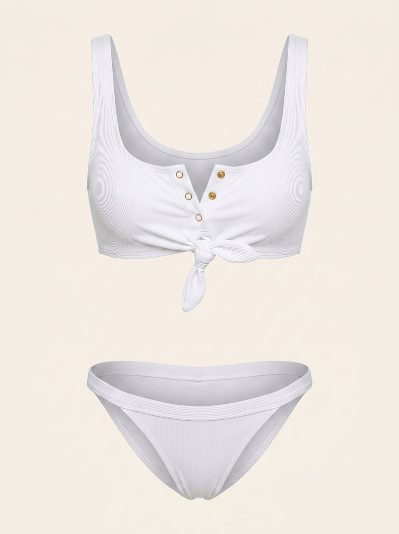 Conjunto de bralette blanco de canalé con detalle de lazo frontal de tiras
