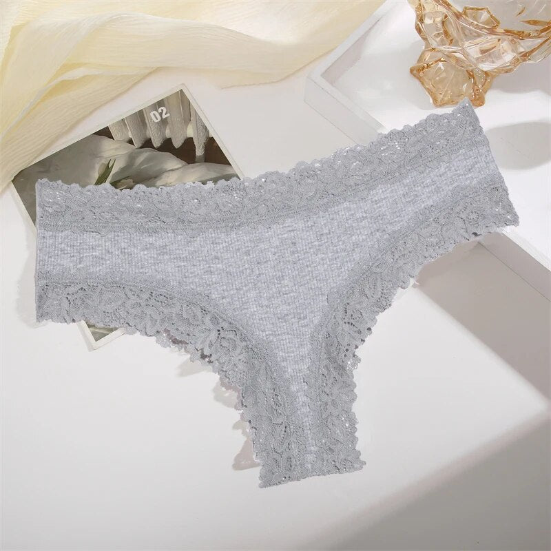 White Ribbed Fabric Panty with Lace Trim-Panty-Bellascena-Gray-S-bellascena