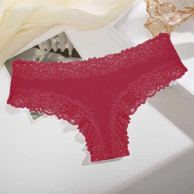 White Ribbed Fabric Panty with Lace Trim-Panty-Bellascena-Red-S-bellascena