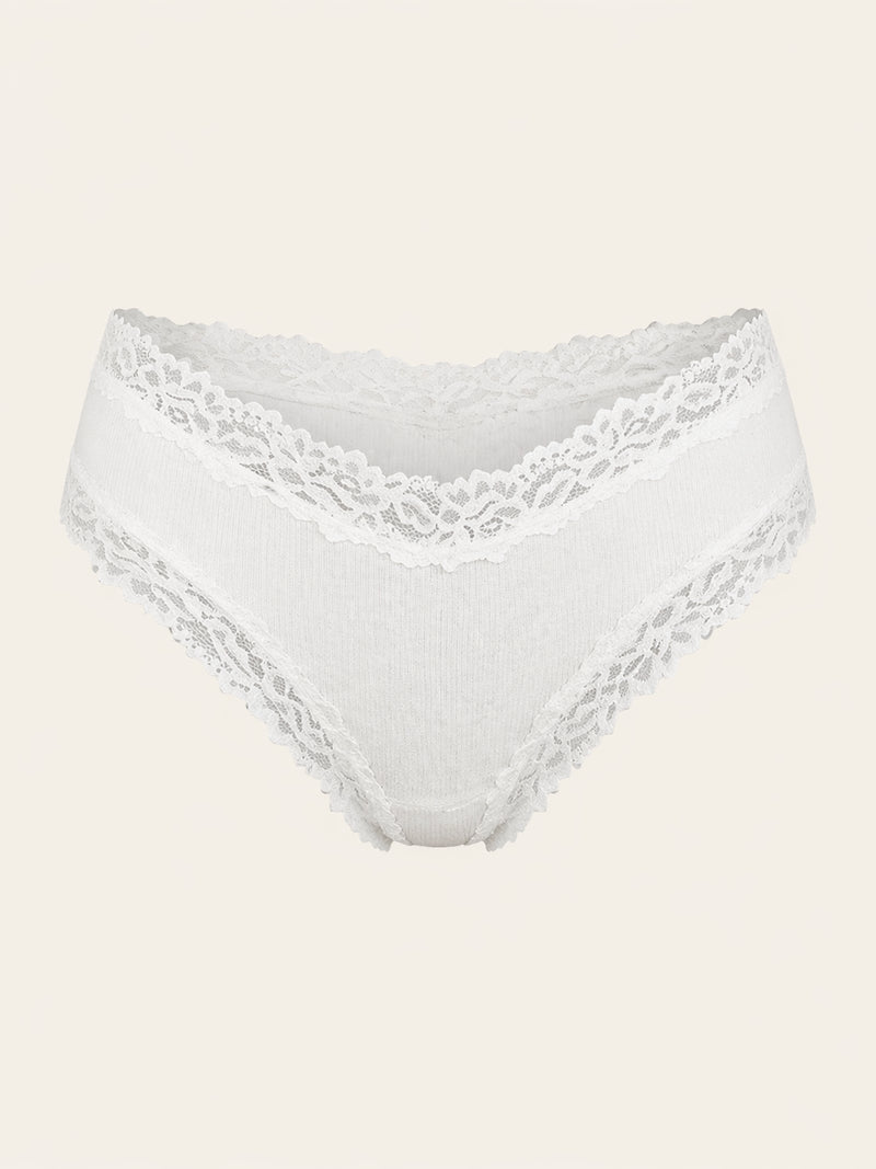White Ribbed Fabric Panty with Lace Trim