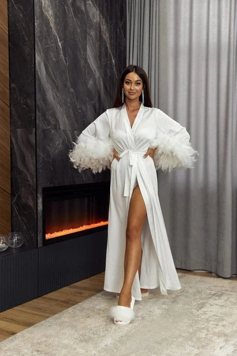 White Satin Kimono Robe with Feather Trim-Kimono Robe-Bellascena-bellascena