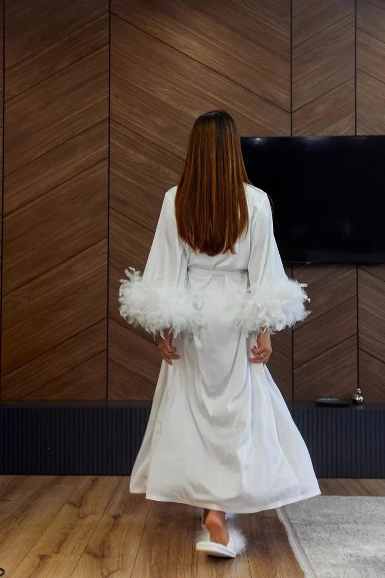 White Satin Kimono Robe with Feather Trim-Kimono Robe-Bellascena-bellascena