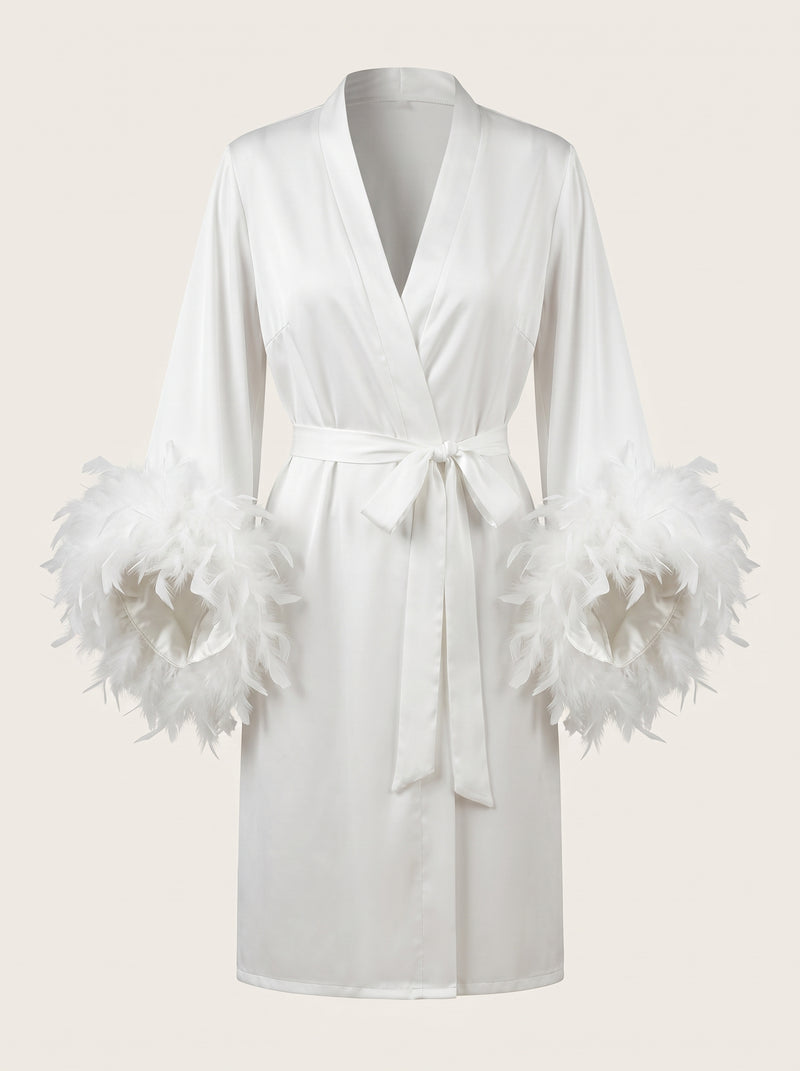 White Satin Kimono Robe with Feather Trim
