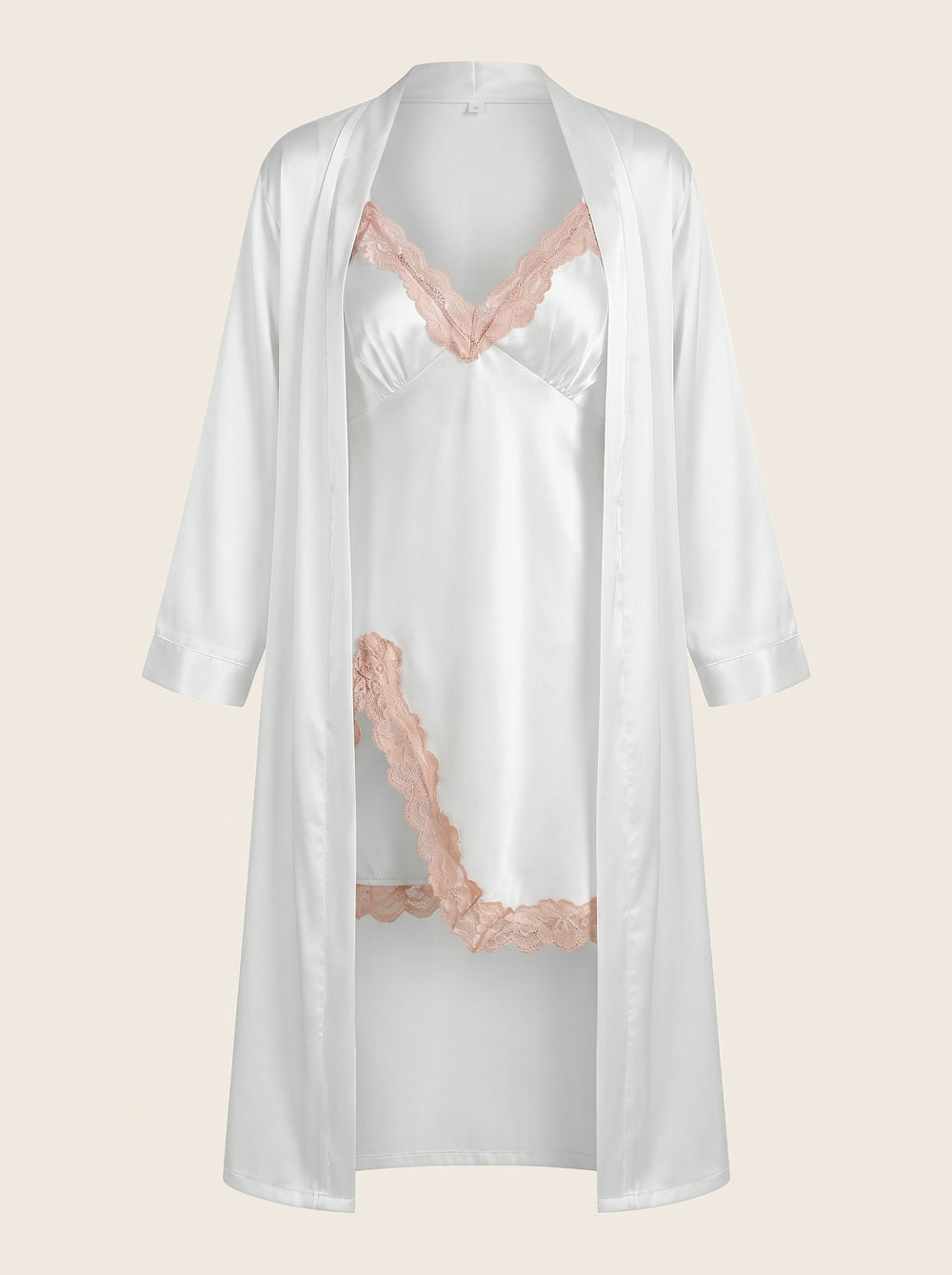 White Satin Robe and Nightgown Set with Lace Trim