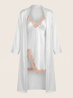 White Satin Kimono Robe with Lace Trim-Kimono Robe-Bellascena-White-S-bellascena