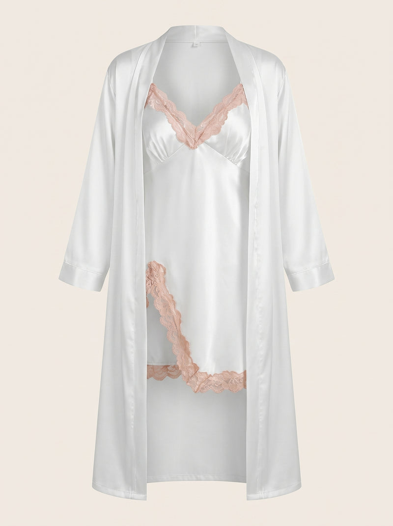 White Satin Kimono Robe with Lace Trim