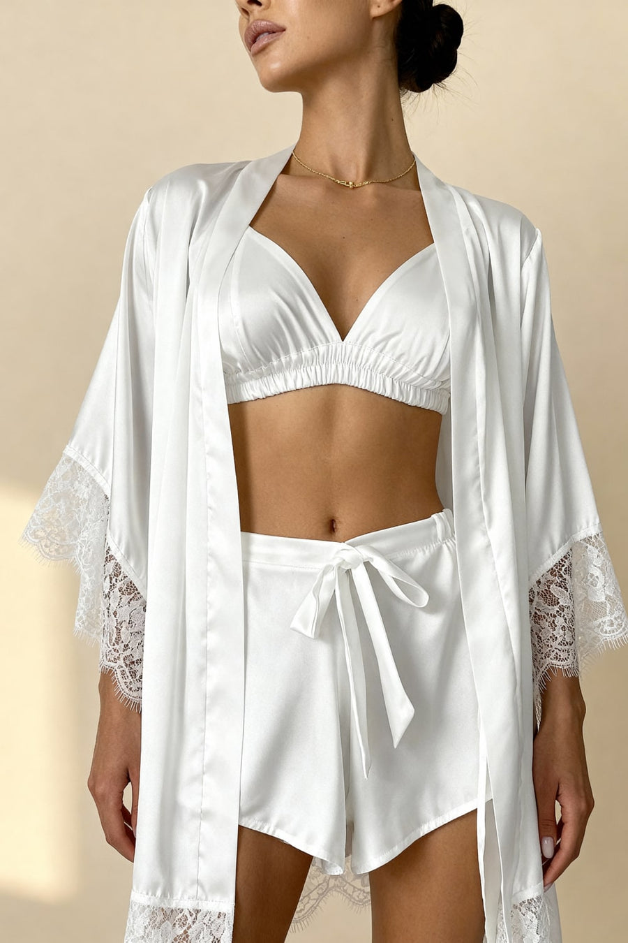 White Satin Pajama Set with Lace Trim-Pajama Set-Bellascena-bellascena