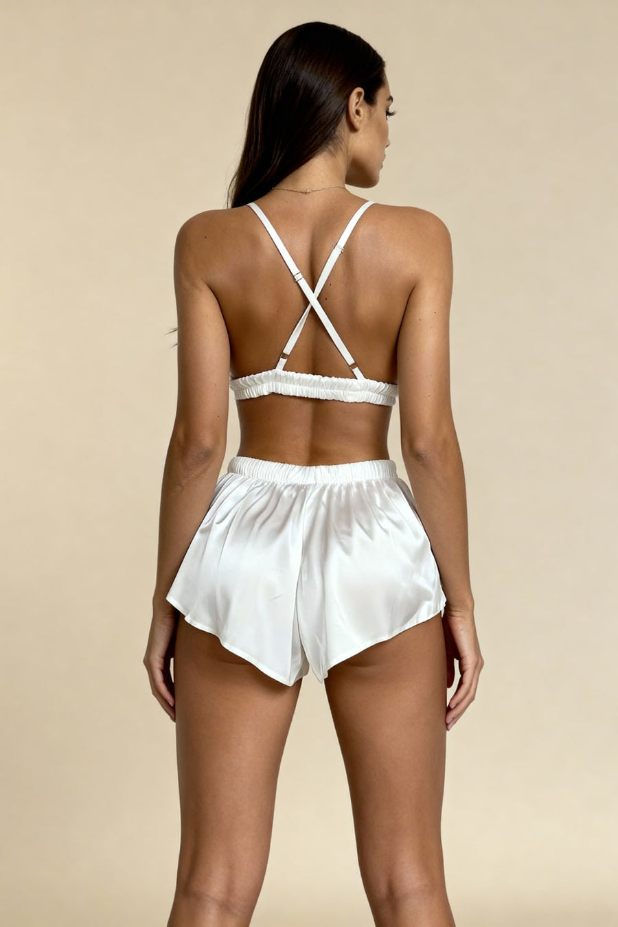 White Satin Pajama Set with Lace Trim-Pajama Set-Bellascena-bellascena