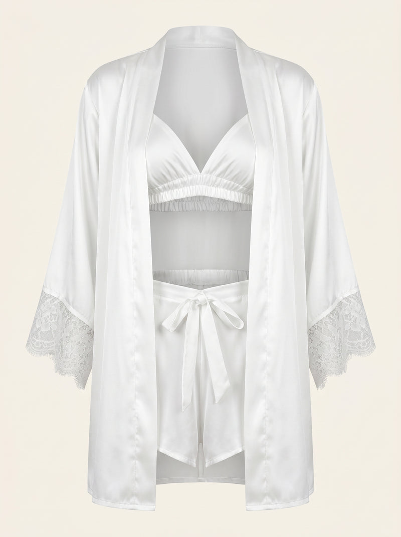 White Satin Pajama Set with Lace Trim