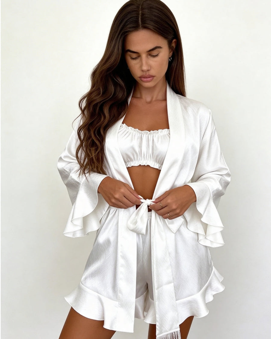 White Satin Pajama Set with Ruffle Details-Pajama Set-Bellascena-bellascena