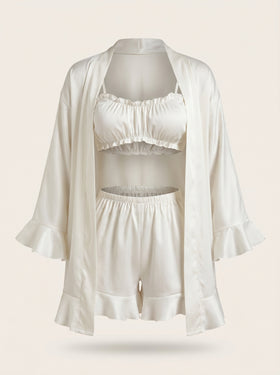 White Satin Pajama Set with Ruffle Details-Pajama Set-Bellascena-bellascena