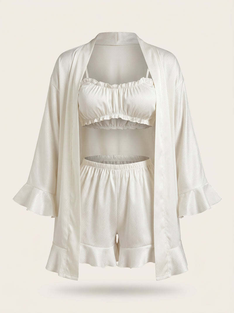 White Satin Pajama Set with Ruffle Details