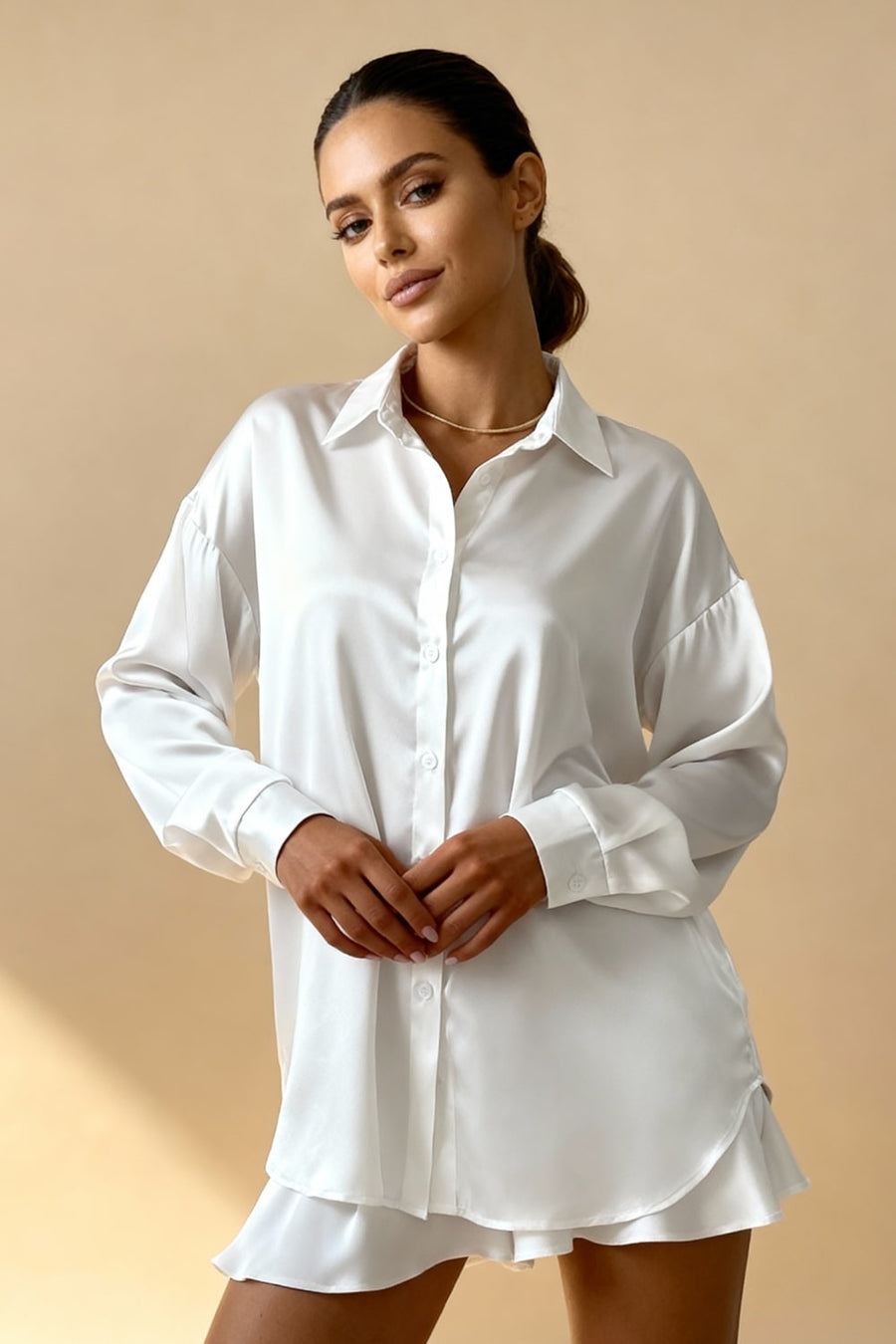 White Satin Pajama Set with Ruffle Hem-Pajama Set-Bellascena-bellascena