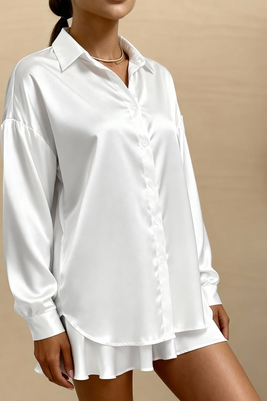 White Satin Pajama Set with Ruffle Hem-Pajama Set-Bellascena-bellascena