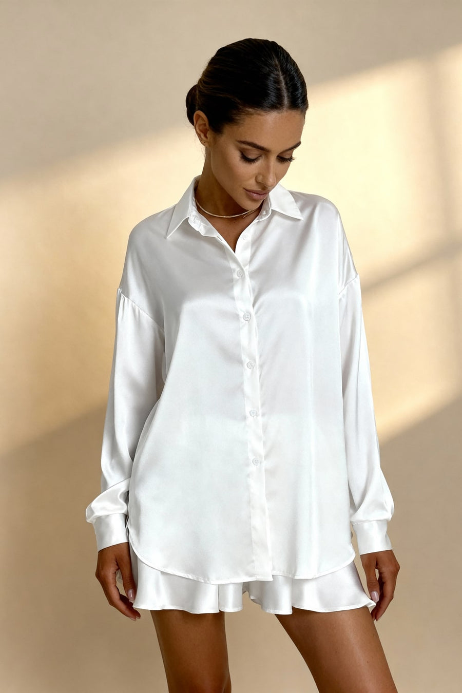White Satin Pajama Set with Ruffle Hem-Pajama Set-Bellascena-bellascena