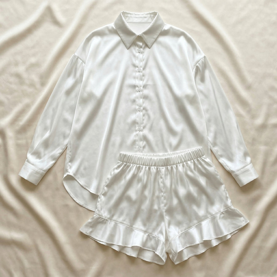 White Satin Pajama Set with Ruffle Hem-Pajama Set-Bellascena-bellascena