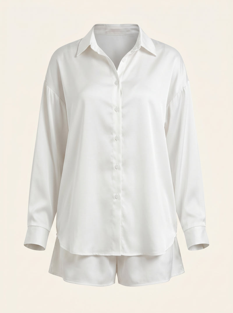 White Satin Pajama Set with Ruffle Hem