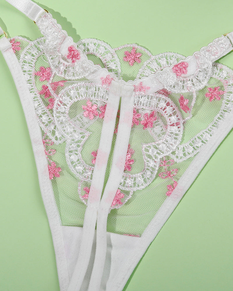 White with Pink Heart Embroidered Mesh Lingerie Set with Strappy Detail-Lingerie Set-Bellascena-bellascena