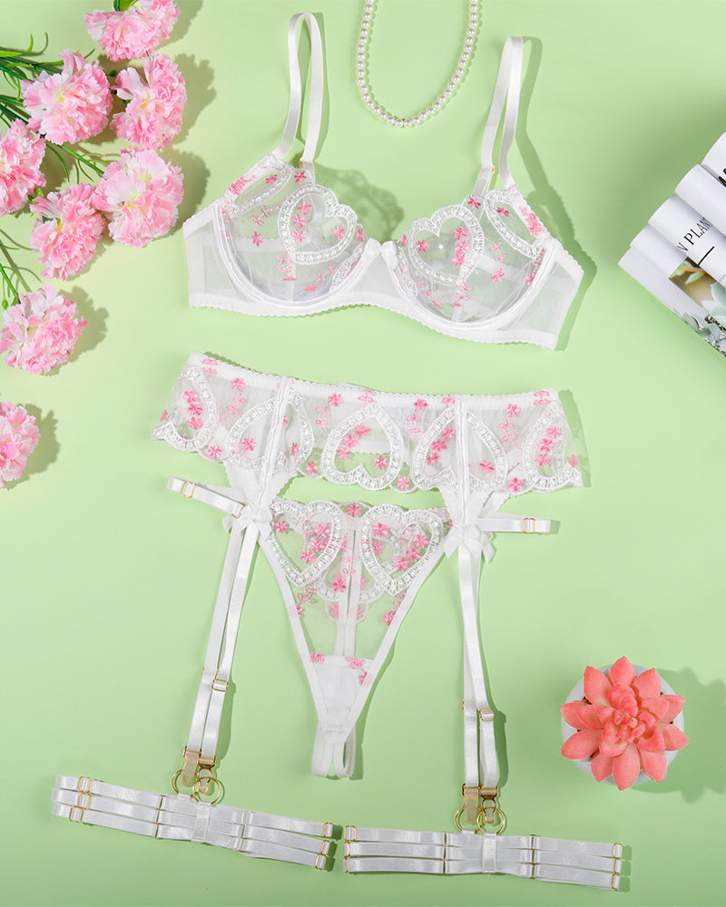 White with Pink Heart Embroidered Mesh Lingerie Set with Strappy Detail-Lingerie Set-Bellascena-bellascena