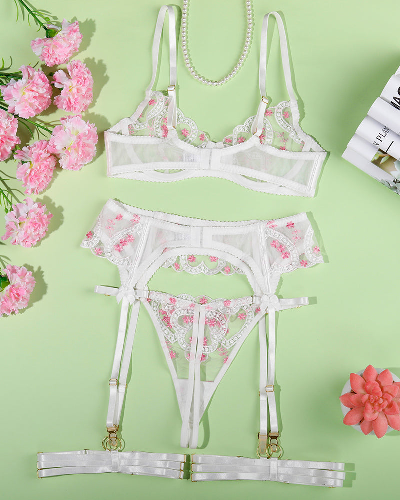 White with Pink Heart Embroidered Mesh Lingerie Set with Strappy Detail-Lingerie Set-Bellascena-bellascena