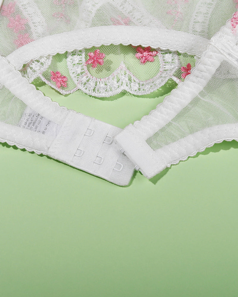 White with Pink Heart Embroidered Mesh Lingerie Set with Strappy Detail-Lingerie Set-Bellascena-bellascena