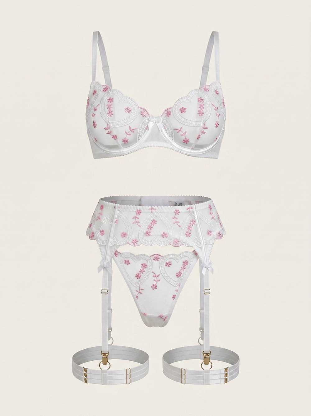 White with Pink Heart Embroidered Mesh Lingerie Set with Strappy Detail