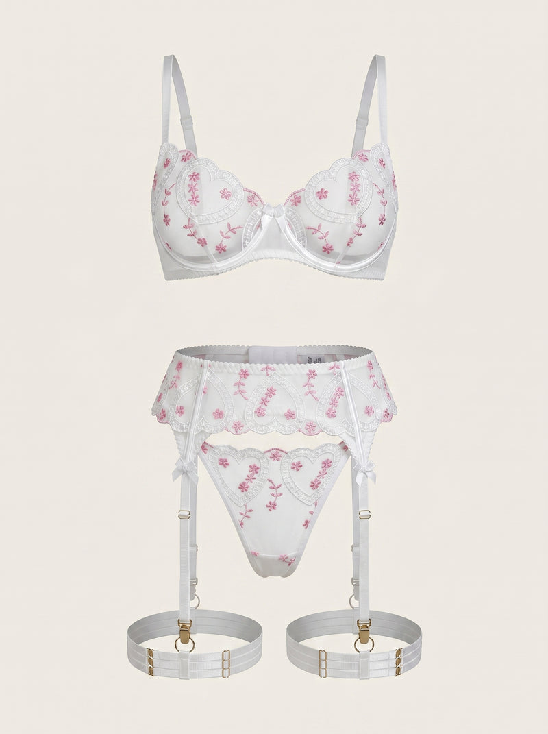 White with Pink Heart Embroidered Mesh Lingerie Set with Strappy Detail