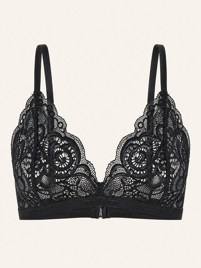Wireless Black & White Floral Lace Bralette with Scalloped Edges