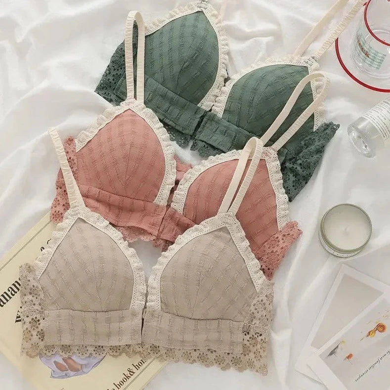 Wireless Lace Trim Cotton Bra with Front Closure-Bra-Bellascena-bellascena