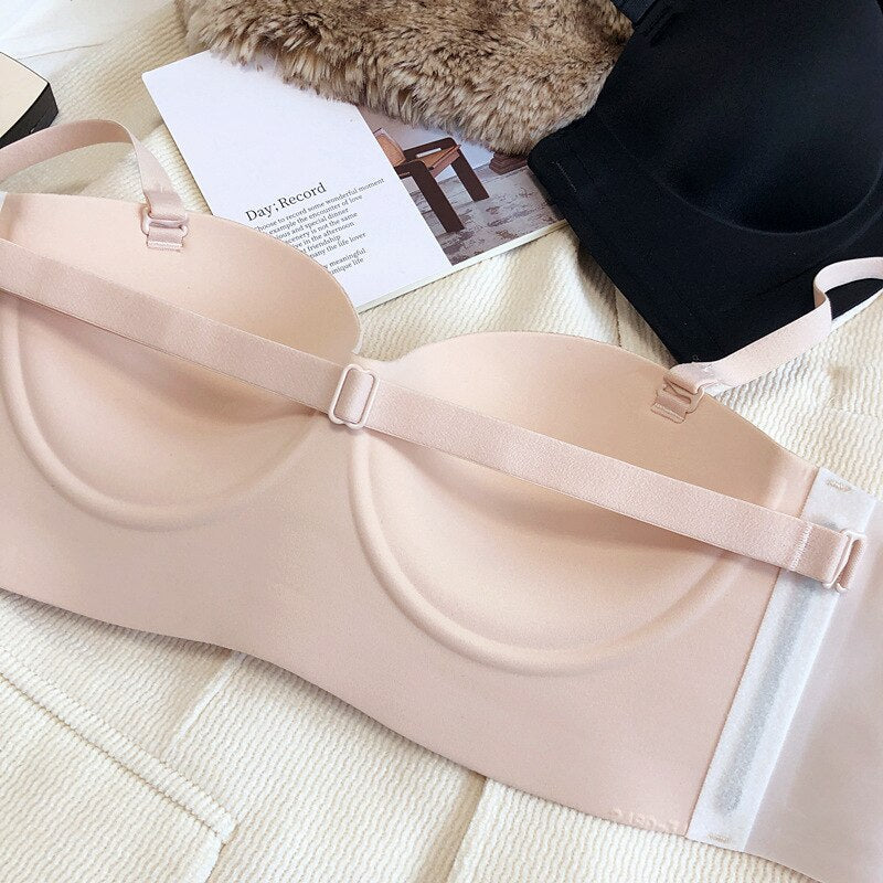 Wireless Seamless Light Blue, Beige, Black Synthetic Bra Set with Strapless Design-Bra-Bellascena-bellascena