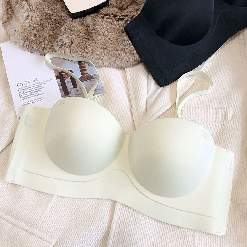 Wireless Seamless Light Blue, Beige, Black Synthetic Bra Set with Strapless Design-Bra-Bellascena-bellascena