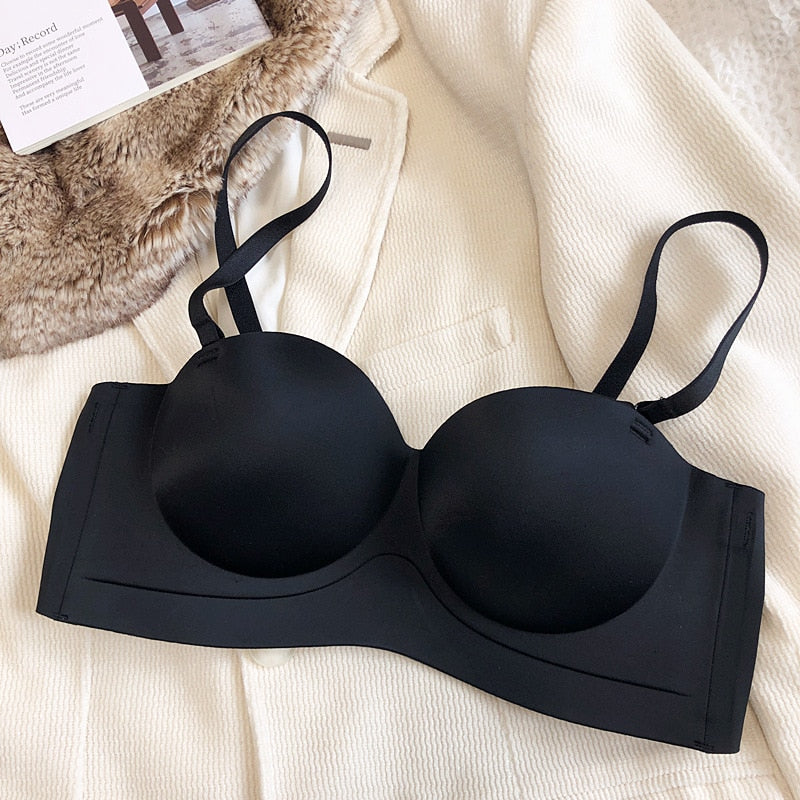 Wireless Seamless Light Blue, Beige, Black Synthetic Bra Set with Strapless Design-Bra-Bellascena-Black-S-bellascena