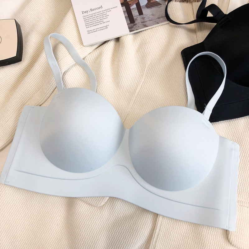 Wireless Seamless Light Blue, Beige, Black Synthetic Bra Set with Strapless Design-Bra-Bellascena-Blue-S-bellascena