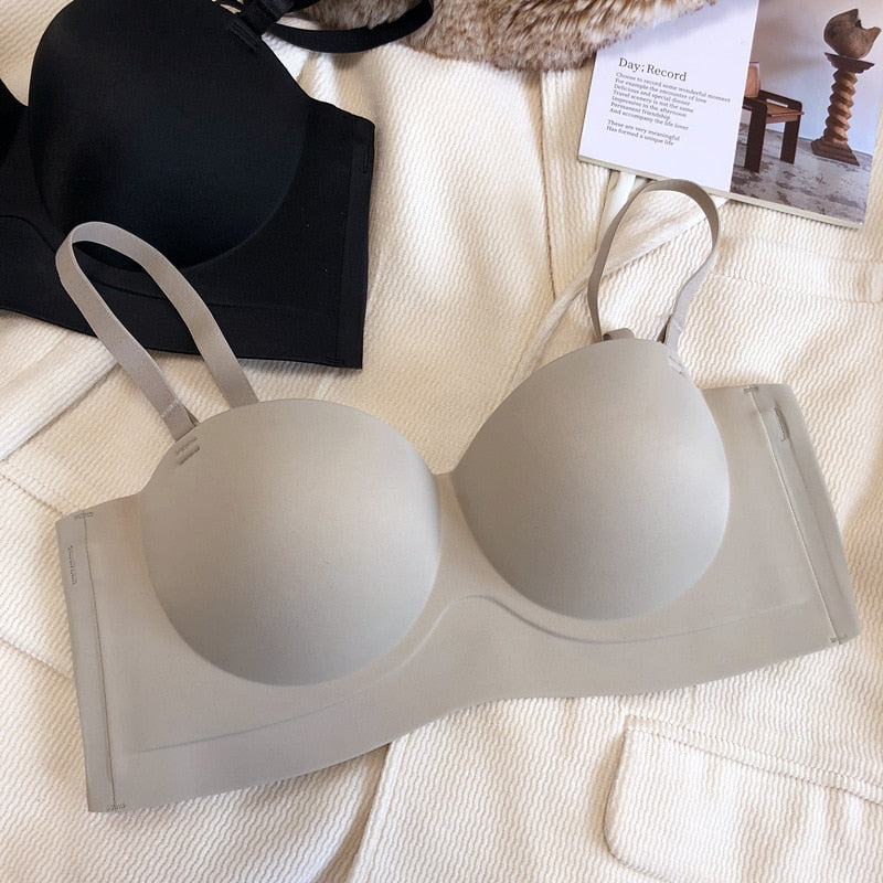 Wireless Seamless Light Blue, Beige, Black Synthetic Bra Set with Strapless Design-Bra-Bellascena-Gray-S-bellascena