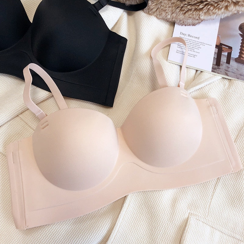 Wireless Seamless Light Blue, Beige, Black Synthetic Bra Set with Strapless Design-Bra-Bellascena-Pink-S-bellascena